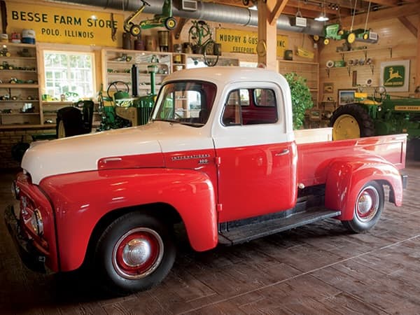 classic truck in custom barn kit garage